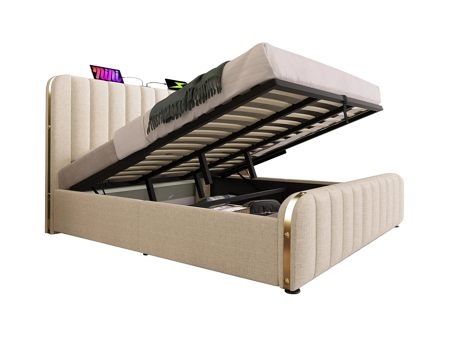 Letto matrimoniale con testiera imbottita, funzione di ricarica USB Type-C, in lino beige, con sistema di contenimento idraulico (180x200 cm)