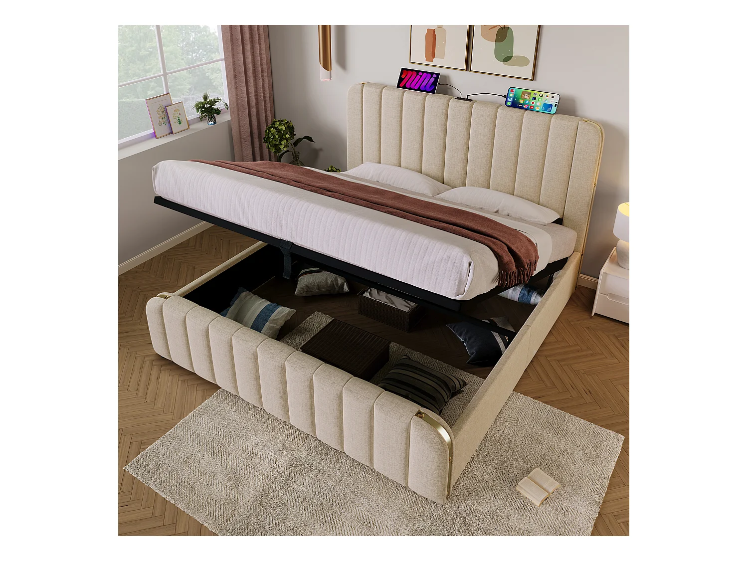 Letto matrimoniale con testiera imbottita, funzione di ricarica USB Type-C, in lino beige, con sistema di contenimento idraulico (180x200 cm)