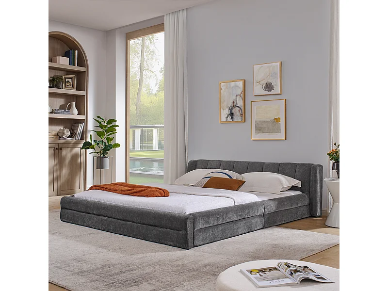Tweepersoonsbed 160x200 cm, ergonomisch design, zacht chenille, eucalyptus en metalen frame, donkergrijs (160x200x60 cm)