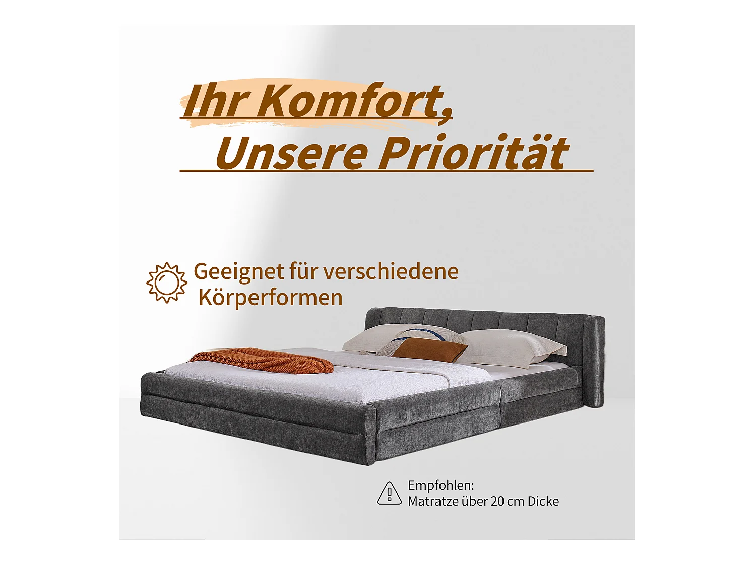 Tweepersoonsbed 160x200 cm, ergonomisch design, zacht chenille, eucalyptus en metalen frame, donkergrijs (160x200x60 cm)