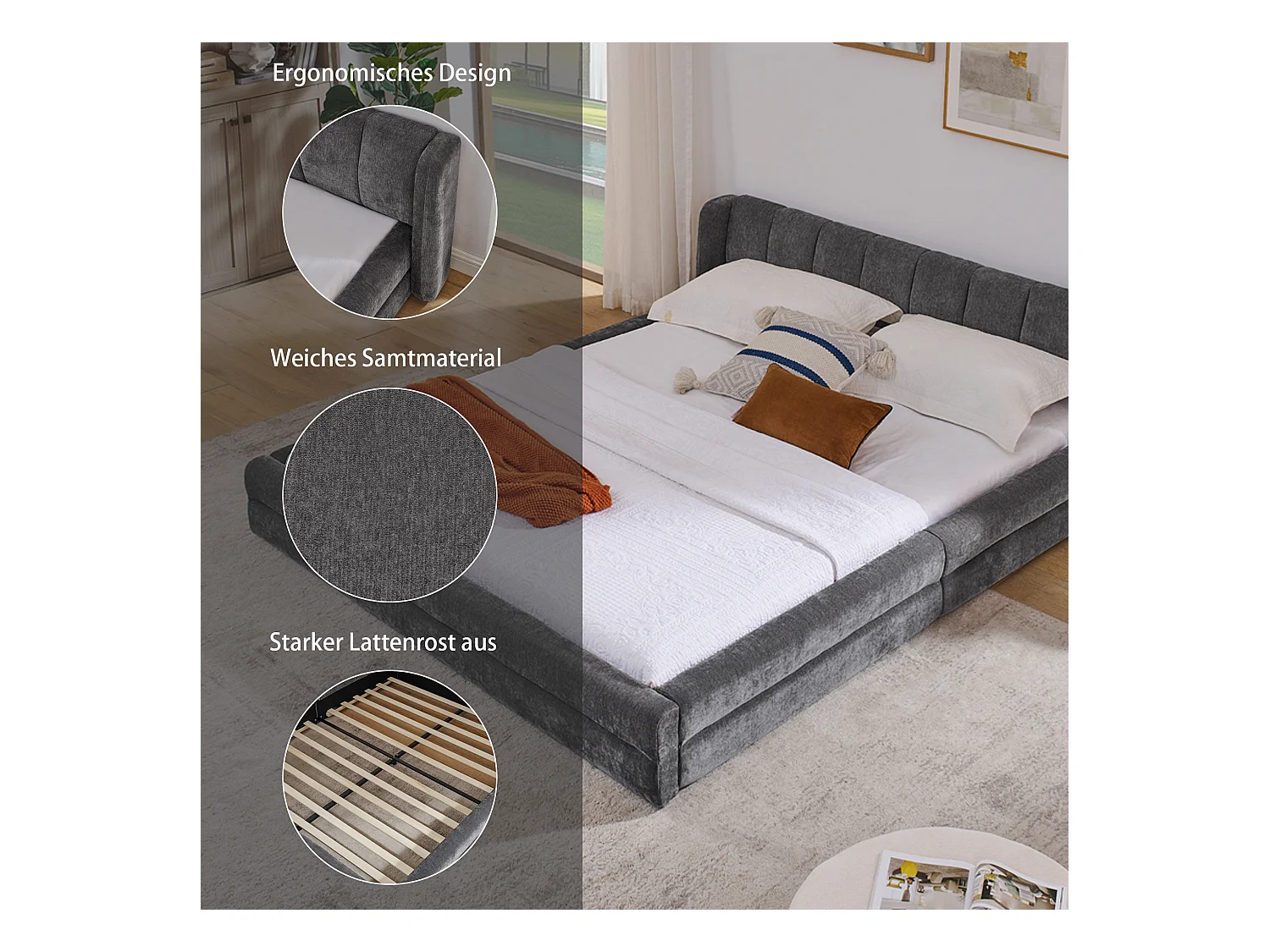 Tweepersoonsbed 160x200 cm, ergonomisch design, zacht chenille, eucalyptus en metalen frame, donkergrijs (160x200x60 cm)