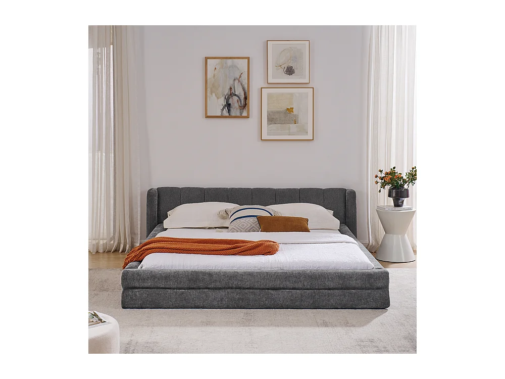 Tweepersoonsbed 160x200 cm, ergonomisch design, zacht chenille, eucalyptus en metalen frame, donkergrijs (160x200x60 cm)