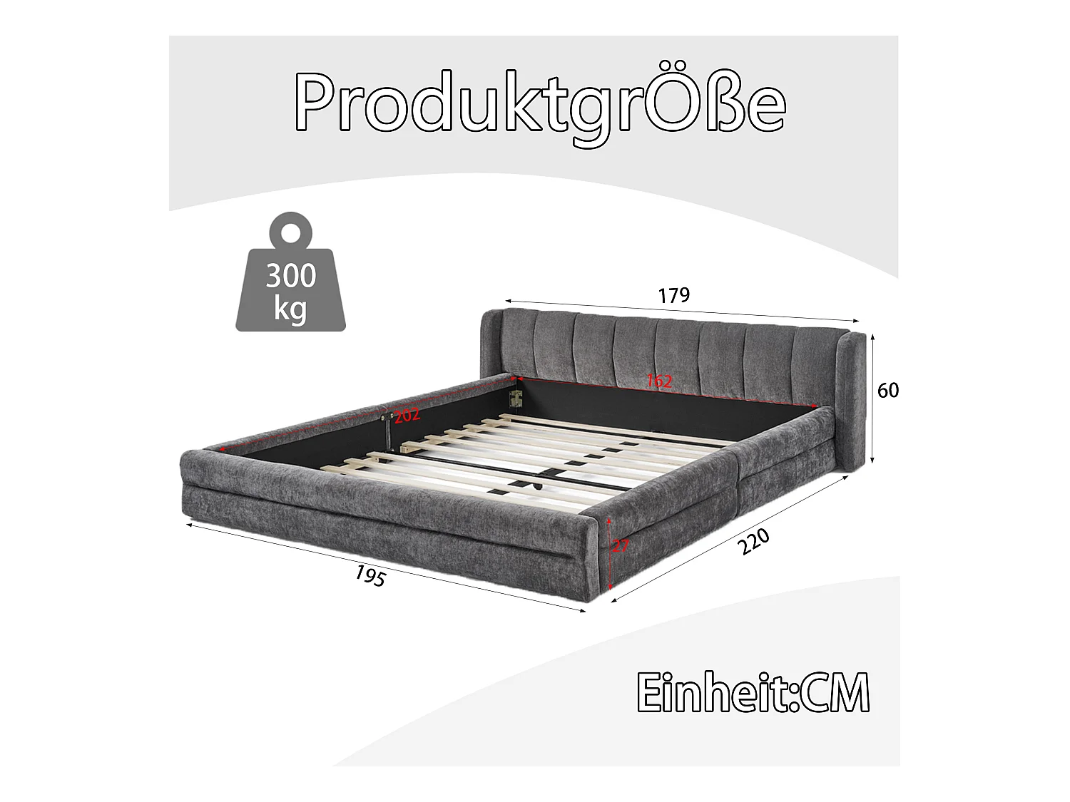 Tweepersoonsbed 160x200 cm, ergonomisch design, zacht chenille, eucalyptus en metalen frame, donkergrijs (160x200x60 cm)