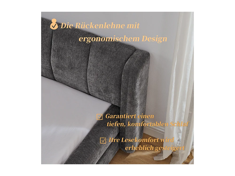 Tweepersoonsbed 160x200 cm, ergonomisch design, zacht chenille, eucalyptus en metalen frame, donkergrijs (160x200x60 cm)