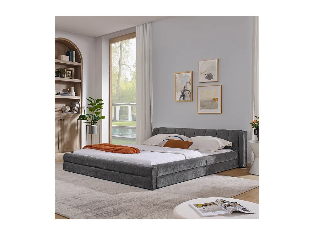 Cama doble 160x200 cm, diseño ergonómico, chenilla suave, estructura de eucalipto y metal, gris oscuro (160x200x60 cm)