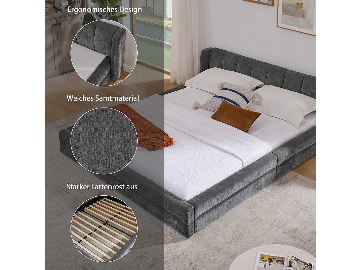 Lit double 160x200 cm, design ergonomique, chenille doux, cadre en eucalyptus et métal, gris foncé (160x200x60 cm)