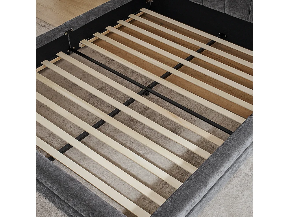 Lit double 160x200 cm, design ergonomique, chenille doux, cadre en eucalyptus et métal, gris foncé (160x200x60 cm)