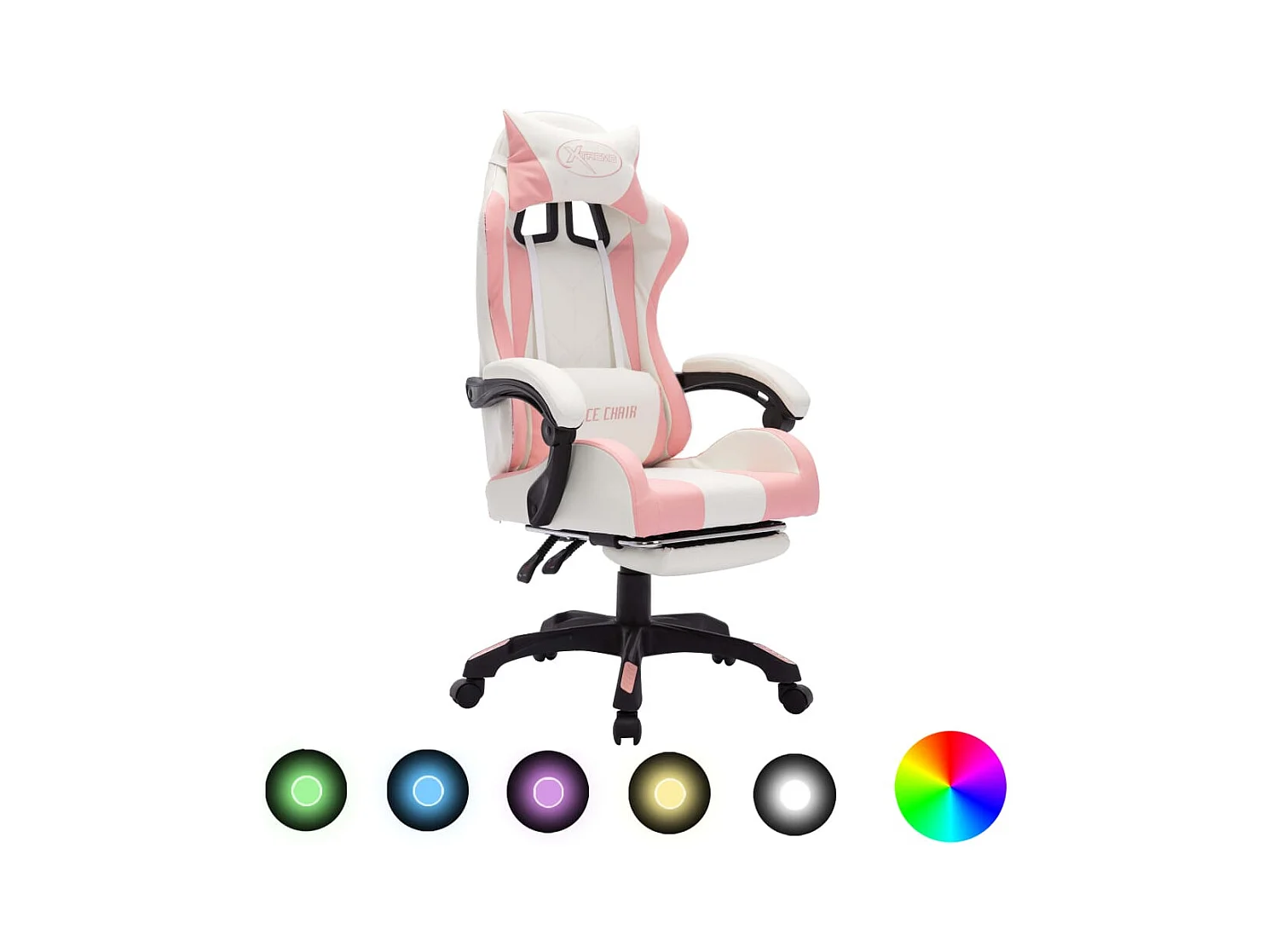 Silla gaming con LED RGB de piel sintética rosa y blanca