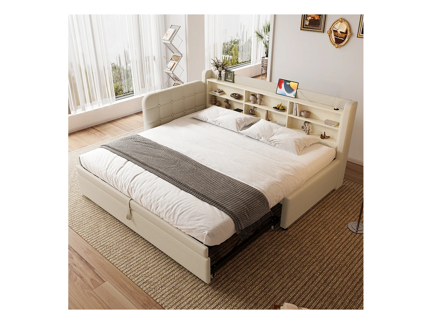 Daybett 90x200 cm (180x200 cm), Tagesbett, Schlafsofa, multifunktionales Ausziehbett, USB + Typ C, Ablageflächen, Leinen, Beige (207x101.5x83.5 cm)