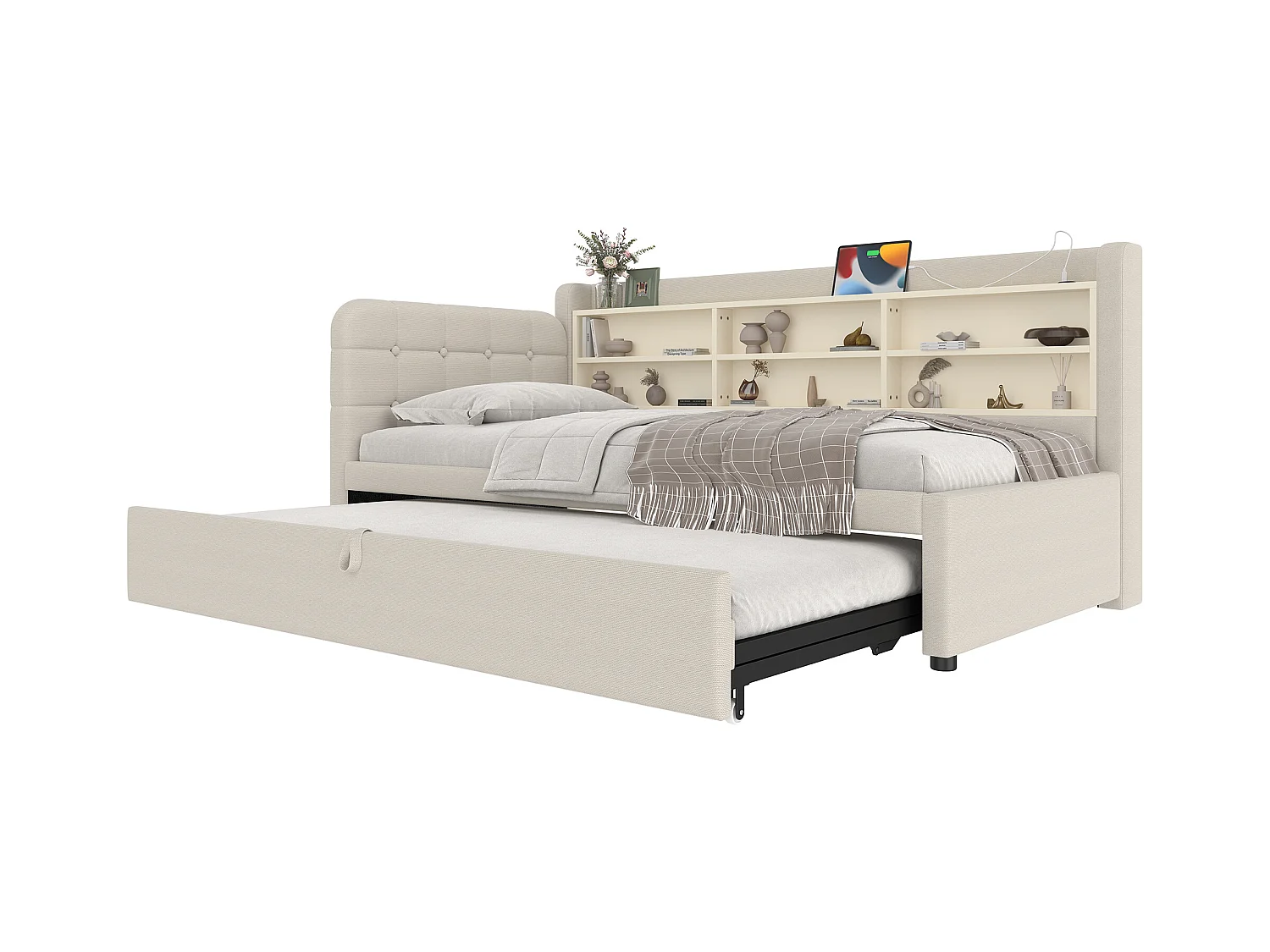 Daybett 90x200 cm (180x200 cm), Tagesbett, Schlafsofa, multifunktionales Ausziehbett, USB + Typ C, Ablageflächen, Leinen, Beige (207x101.5x83.5 cm)