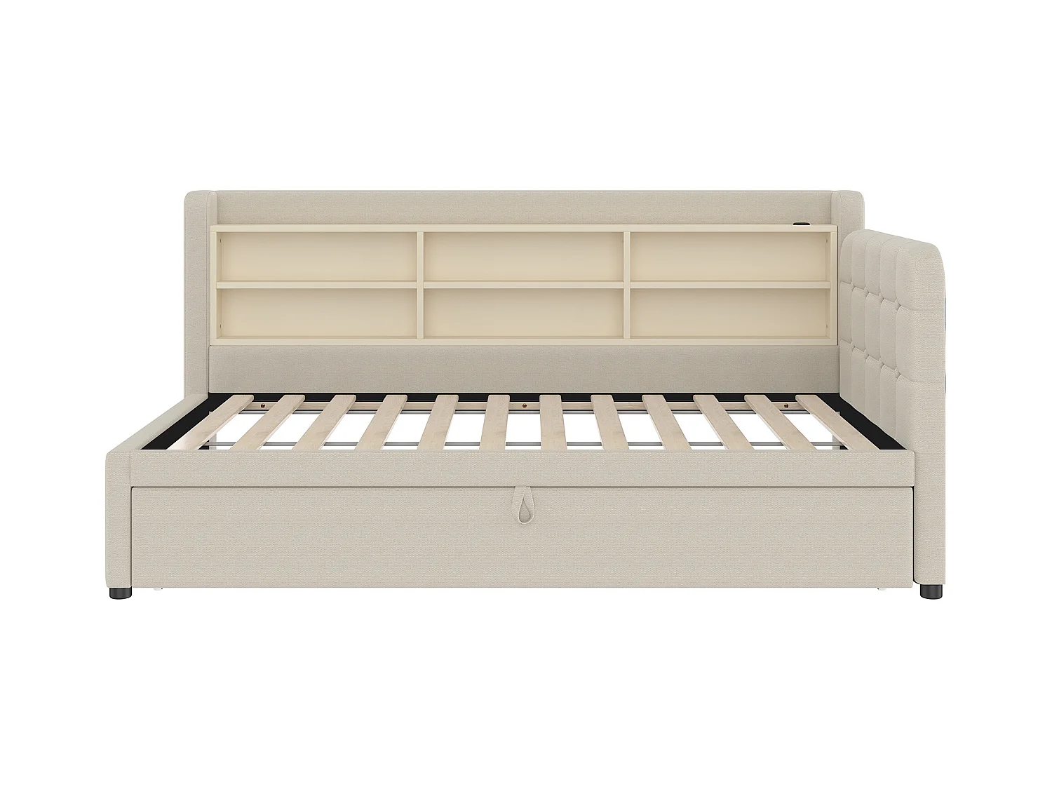 Daybett 90x200 cm (180x200 cm), Tagesbett, Schlafsofa, multifunktionales Ausziehbett, USB + Typ C, Ablageflächen, Leinen, Beige (207x101.5x83.5 cm)