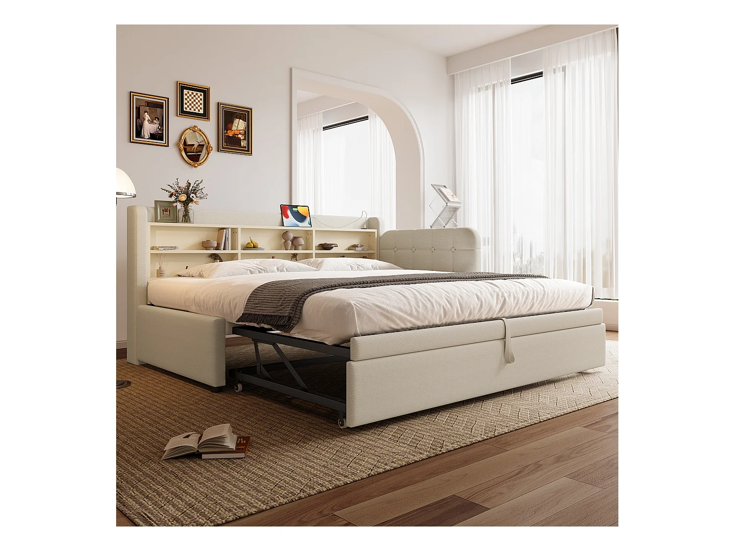 Sofá cama de 90 x 200 cm (180 x 200 cm), sofá cama, cama nido multifuncional, USB + Tipo C, espacio de almacenamiento, lino, beige (207 x 101,5 x 83,5 cm)