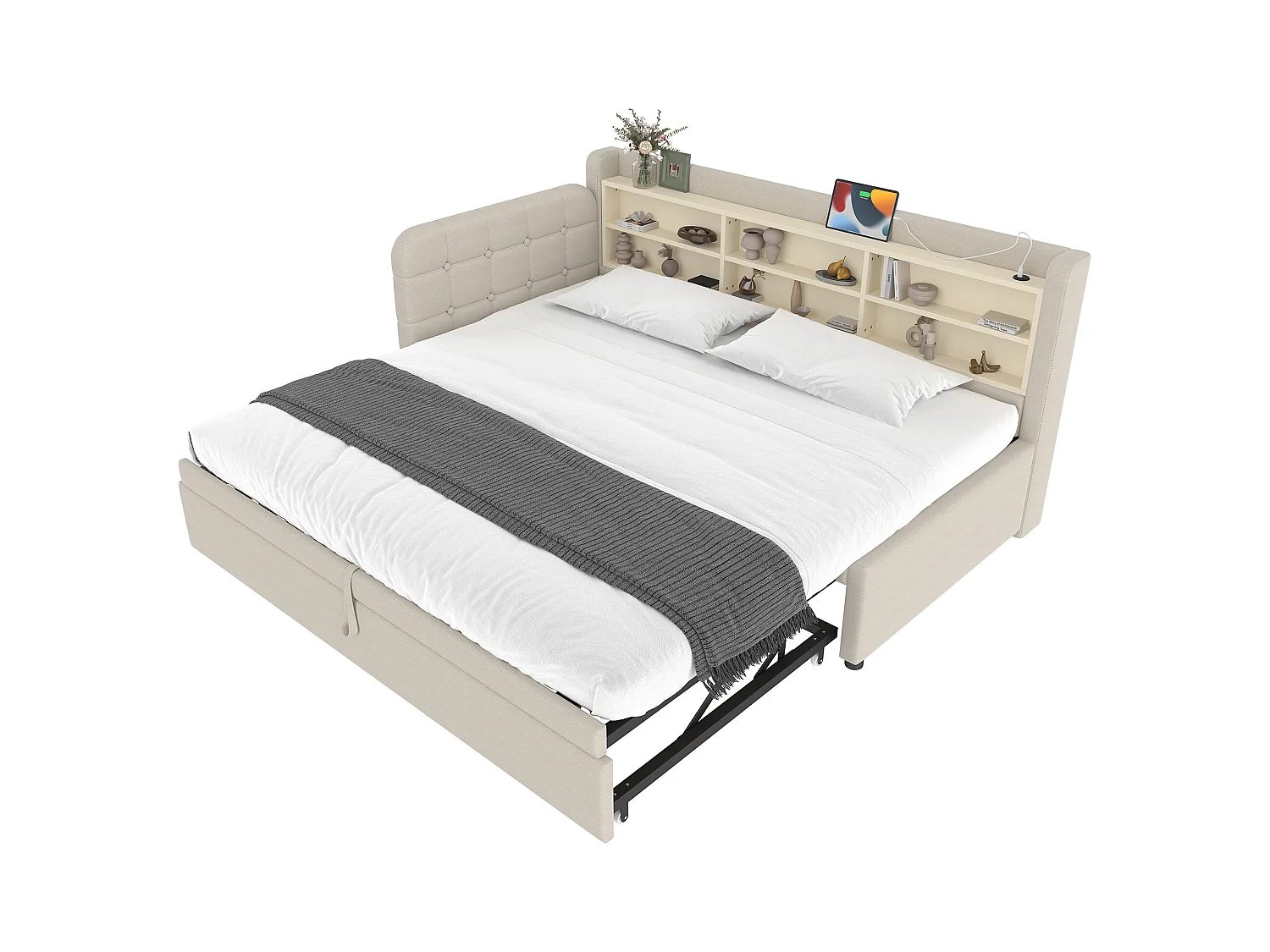 Sofá cama de 90 x 200 cm (180 x 200 cm), sofá cama, cama nido multifuncional, USB + Tipo C, espacio de almacenamiento, lino, beige (207 x 101,5 x 83,5 cm)