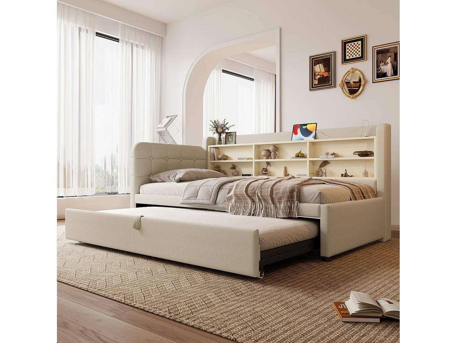 Daybett 90x200 cm (180x200 cm), Tagesbett, Schlafsofa, multifunktionales Ausziehbett, USB + Typ C, Ablageflächen, Leinen, Beige (207x101.5x83.5 cm)