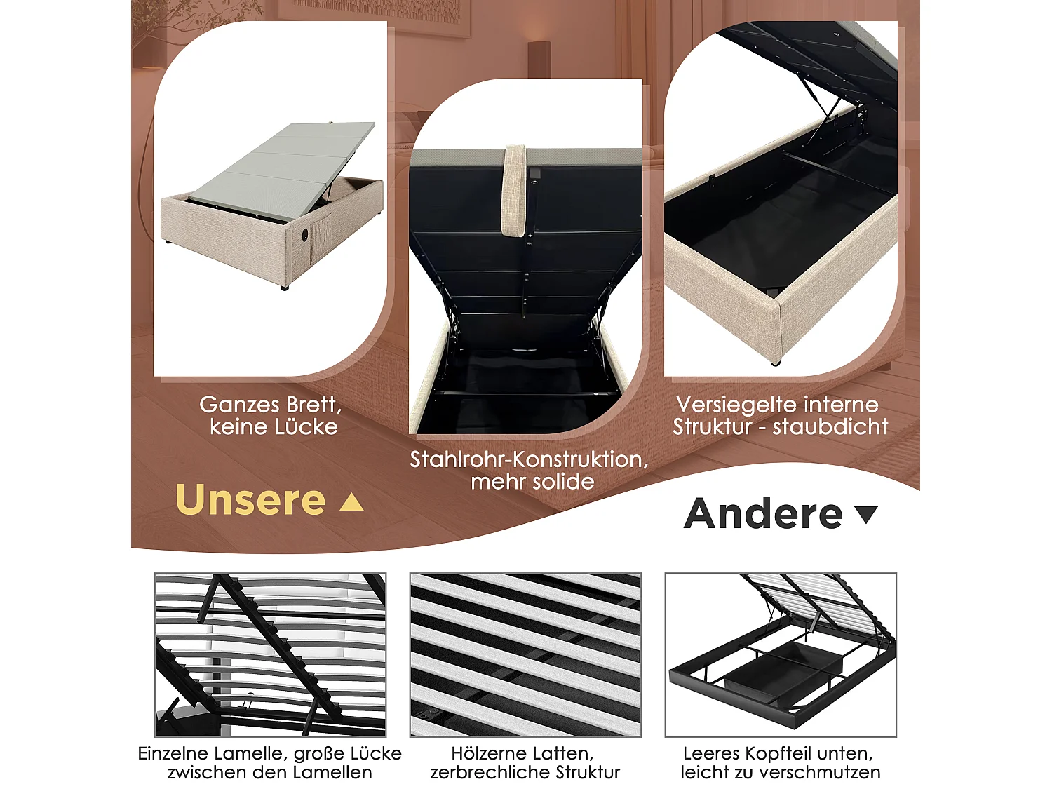 Kinderbed 90x190 cm met witte plank, hydraulische opbergruimte en USB-C, natuurlijk linnen frame met lattenbodem (192x148x156 cm)