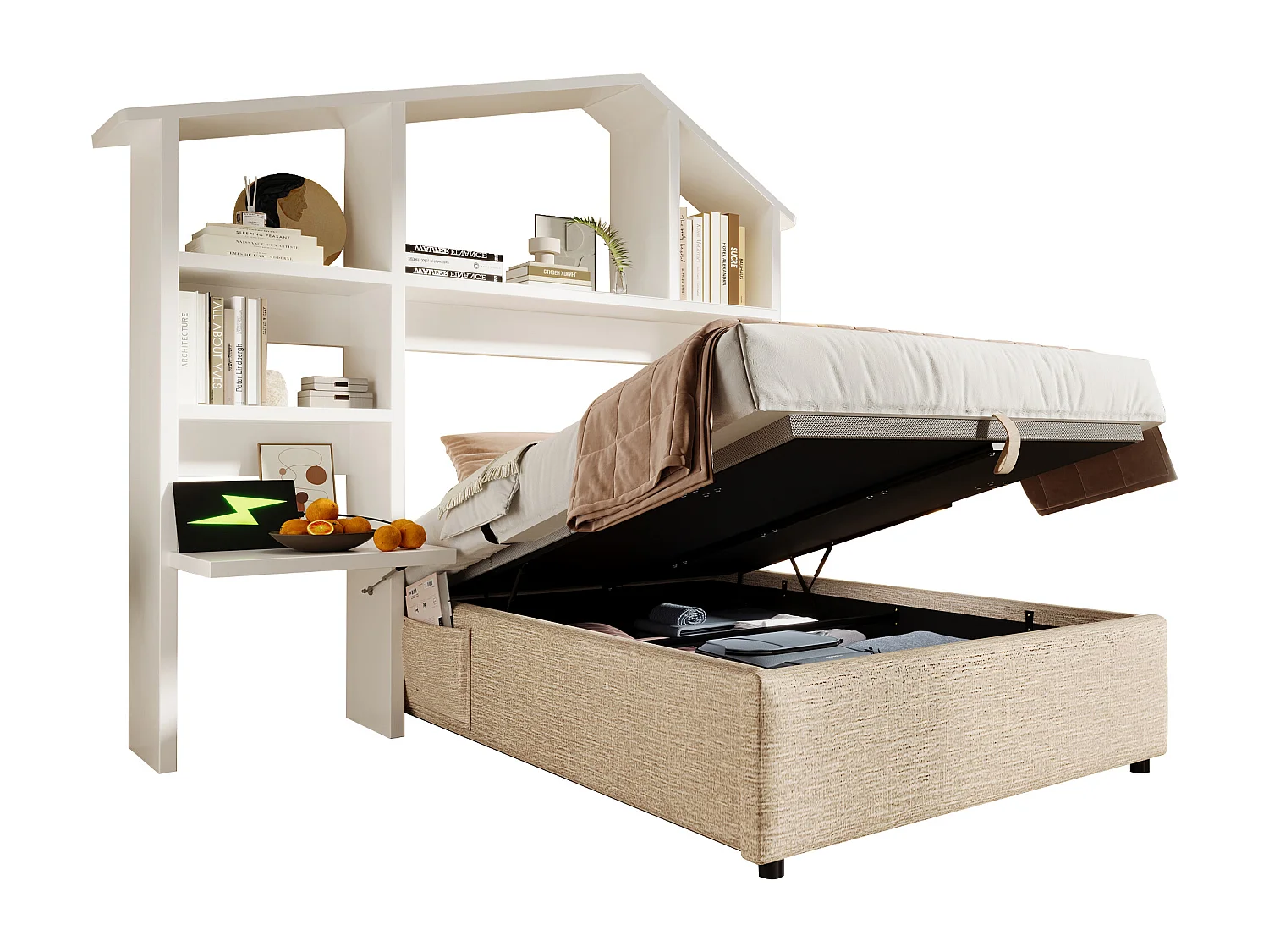 Lit enfant 90x190 cm avec étagère blanche, espace de rangement hydraulique et USB-C, cadre en lin naturel avec sommier à lattes (192x148x156 cm)