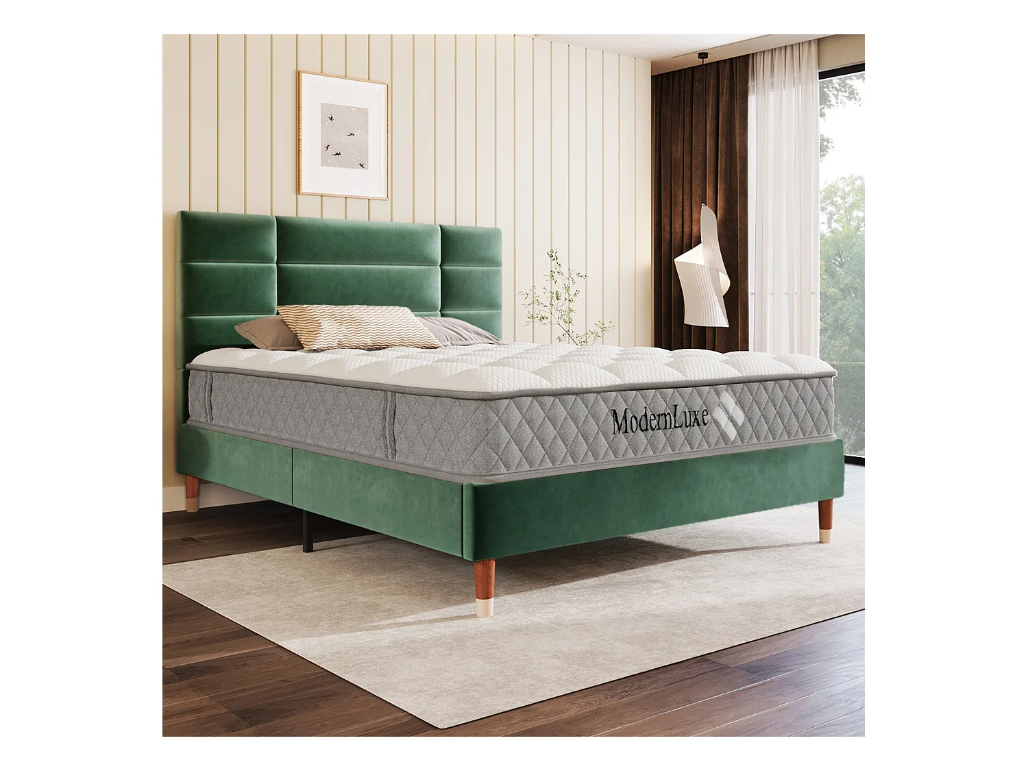 Bed 140x200 cm met gestoffeerd hoofdbord, beige linnen frame, 4 lades, met matras (140x200 cm)