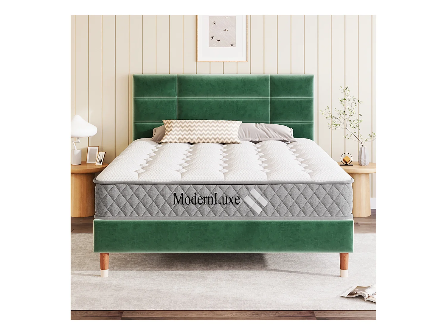 Bed 140x200 cm met gestoffeerd hoofdbord, beige linnen frame, 4 lades, met matras (140x200 cm)