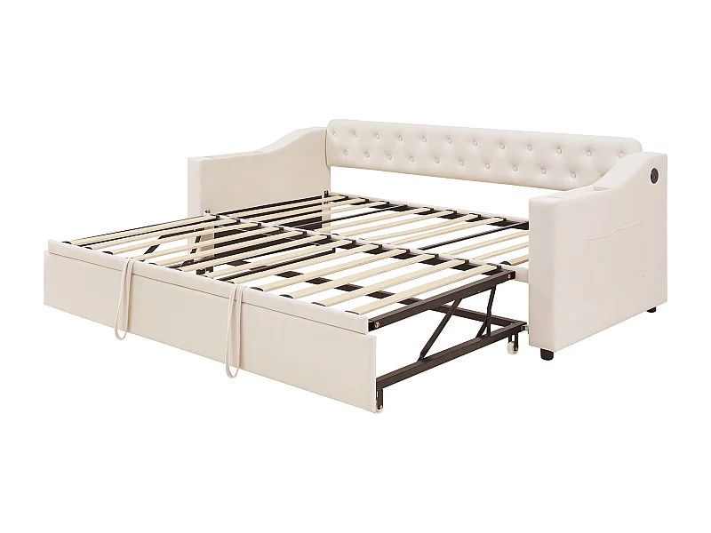 Canapé-lit 90/180x190 cm, bras larges avec ports USB et rangement, velours, beige (215x98.5x78.5 cm)