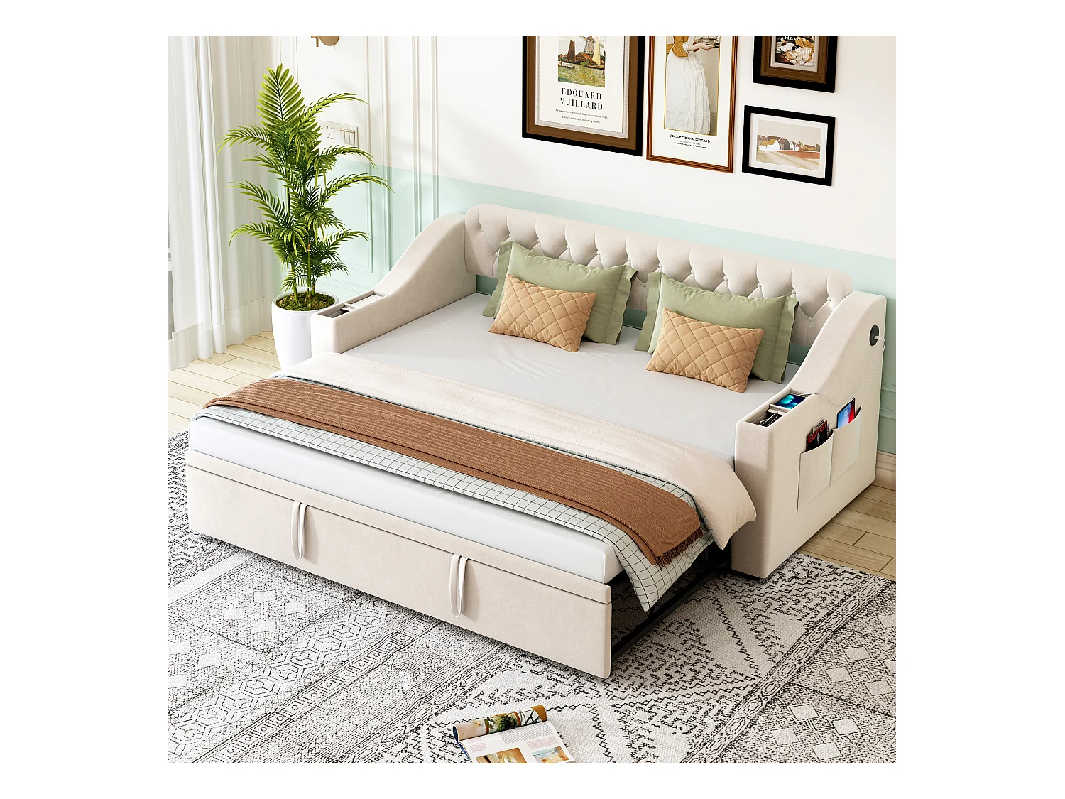 Divano letto 90/180x190 cm, braccioli larghi con porte USB e contenitore, velluto, beige (215x98,5x78,5 cm)