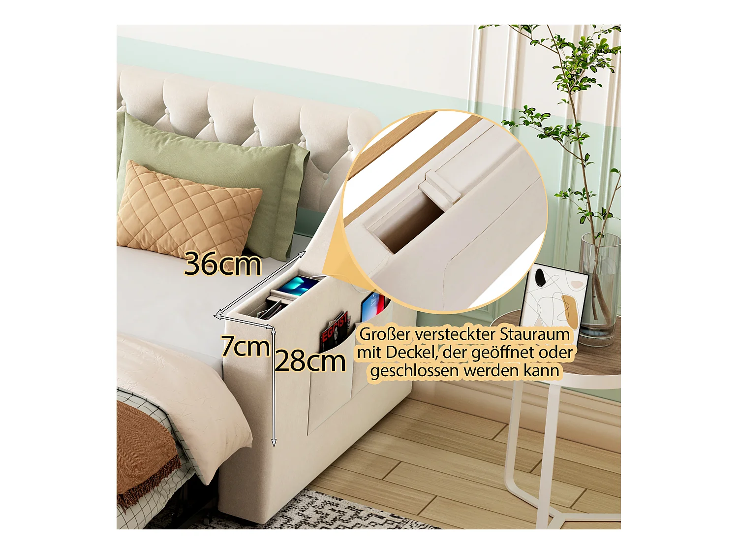 Divano letto 90/180x190 cm, braccioli larghi con porte USB e contenitore, velluto, beige (215x98,5x78,5 cm)