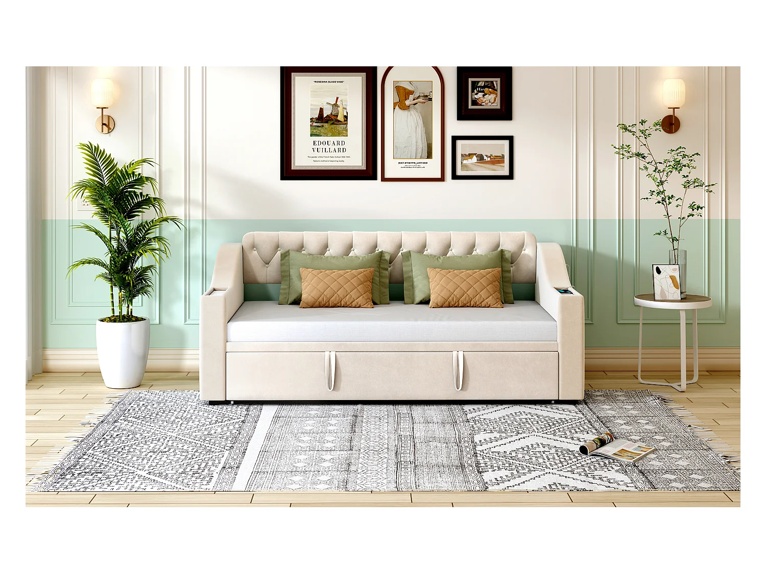 Divano letto 90/180x190 cm, braccioli larghi con porte USB e contenitore, velluto, beige (215x98,5x78,5 cm)