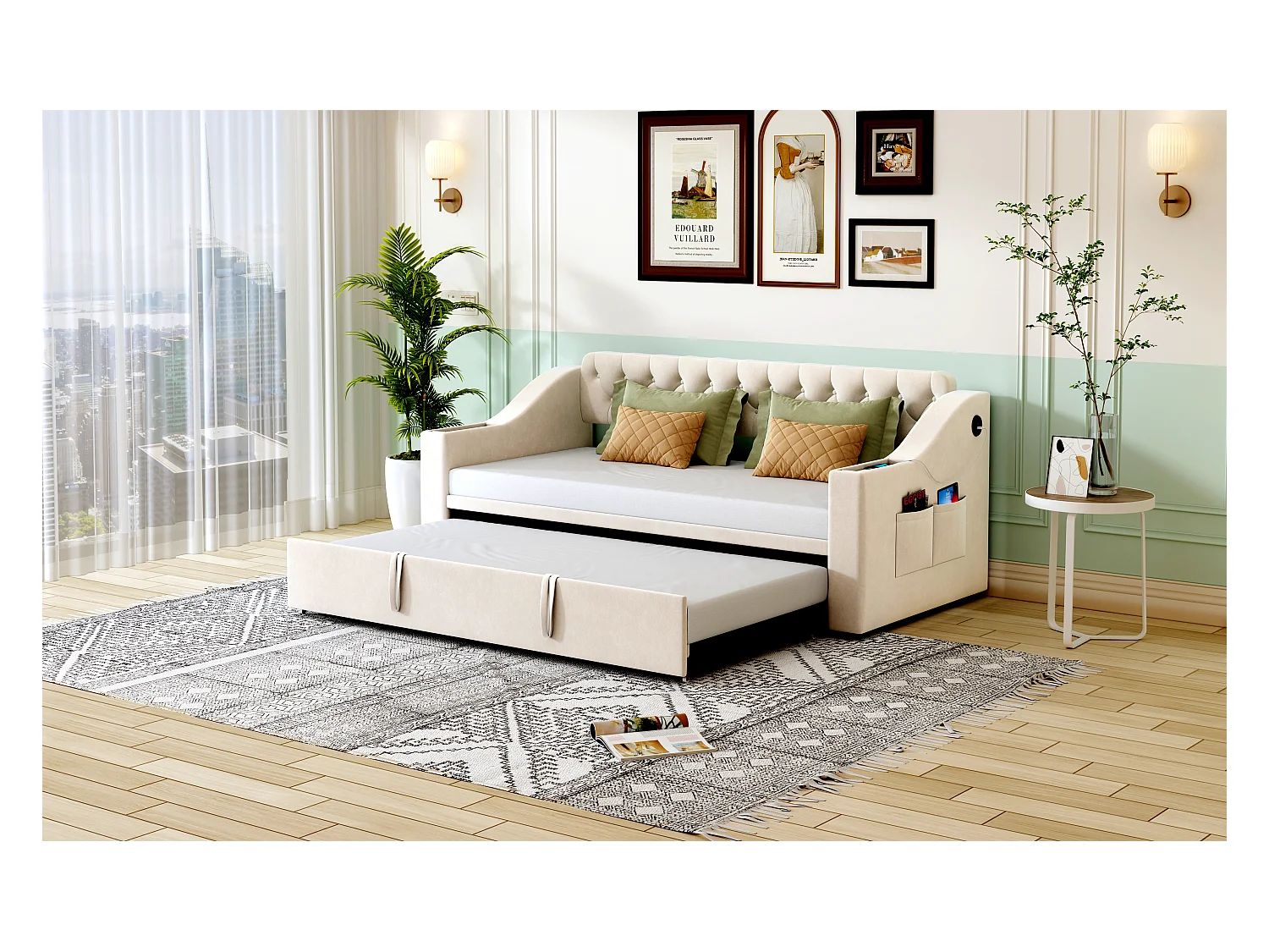 Divano letto 90/180x190 cm, braccioli larghi con porte USB e contenitore, velluto, beige (215x98,5x78,5 cm)
