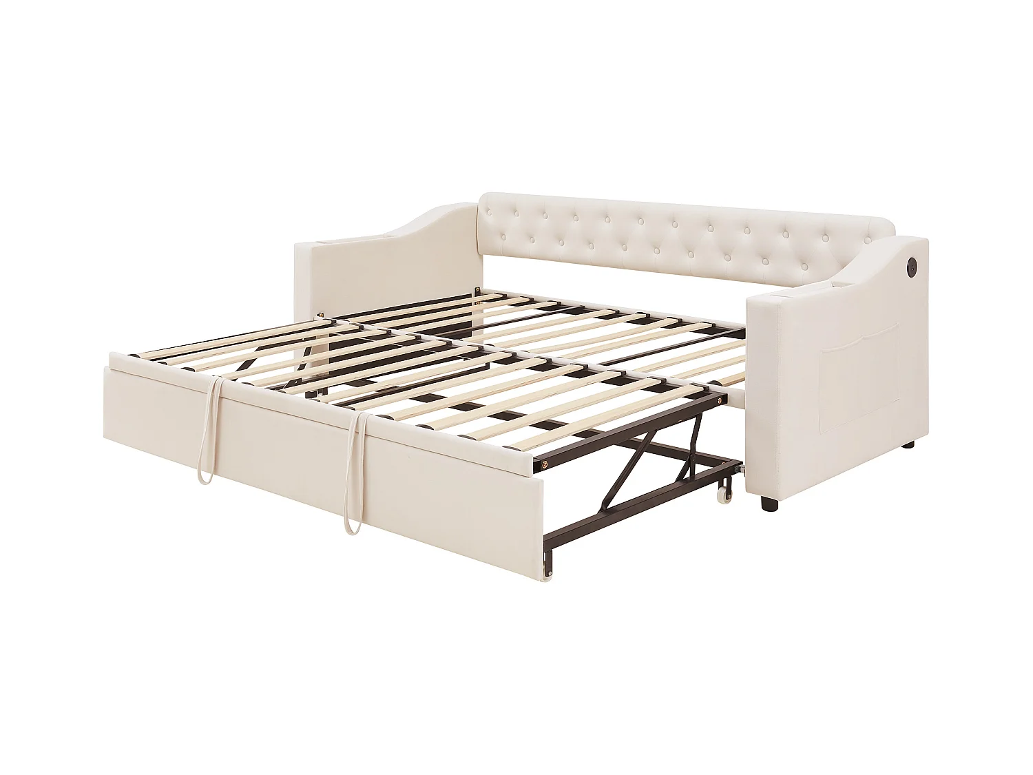 Canapé-lit 90/180x190 cm, bras larges avec ports USB et rangement, velours, beige (215x98.5x78.5 cm)