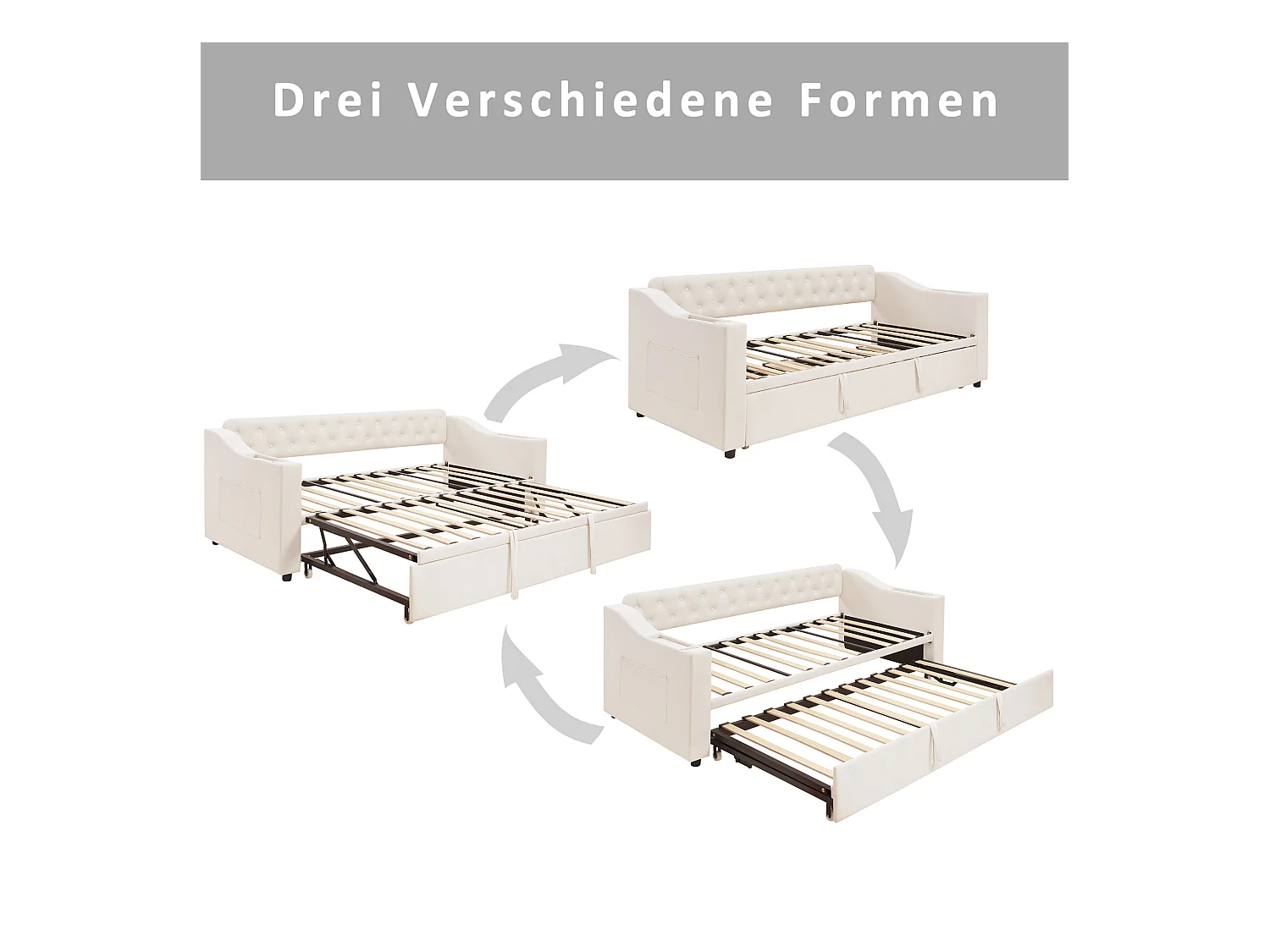 Canapé-lit 90/180x190 cm, bras larges avec ports USB et rangement, velours, beige (215x98.5x78.5 cm)