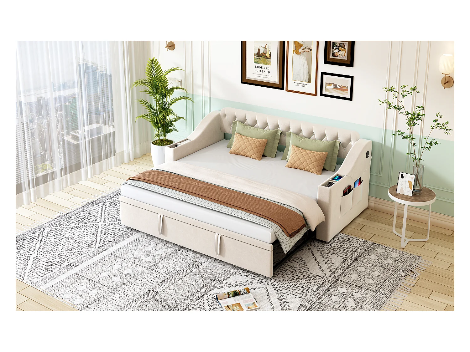 Canapé-lit 90/180x190 cm, bras larges avec ports USB et rangement, velours, beige (215x98.5x78.5 cm)