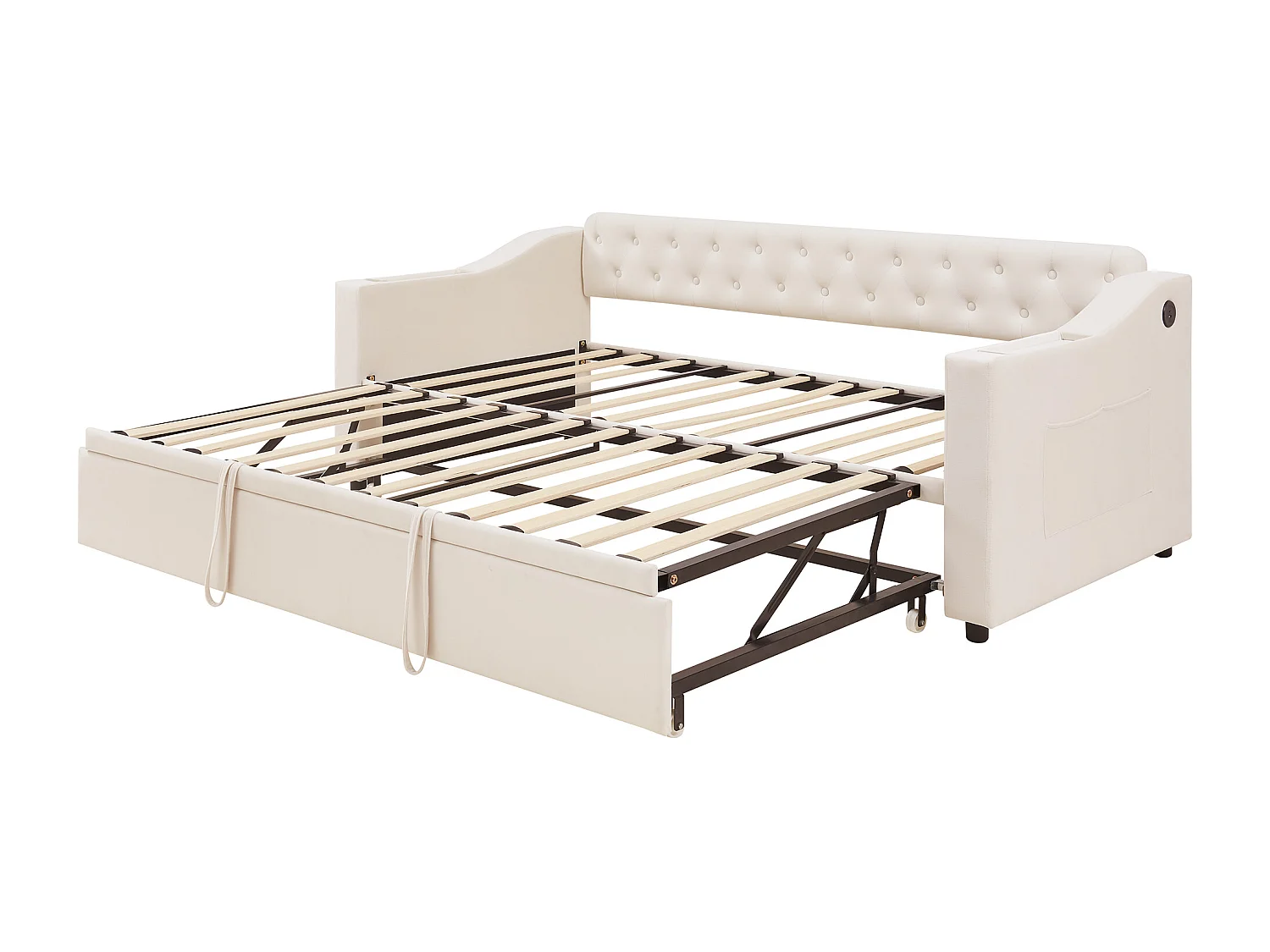 Canapé-lit 90/180x190 cm, bras larges avec ports USB et rangement, velours, beige (215x98.5x78.5 cm)