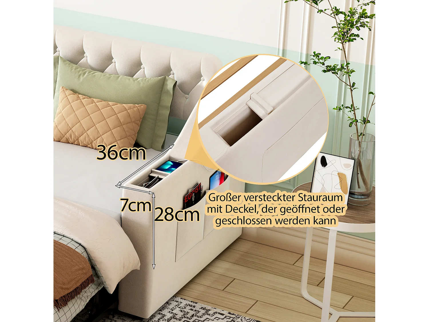 Canapé-lit 90/180x190 cm, bras larges avec ports USB et rangement, velours, beige (215x98.5x78.5 cm)