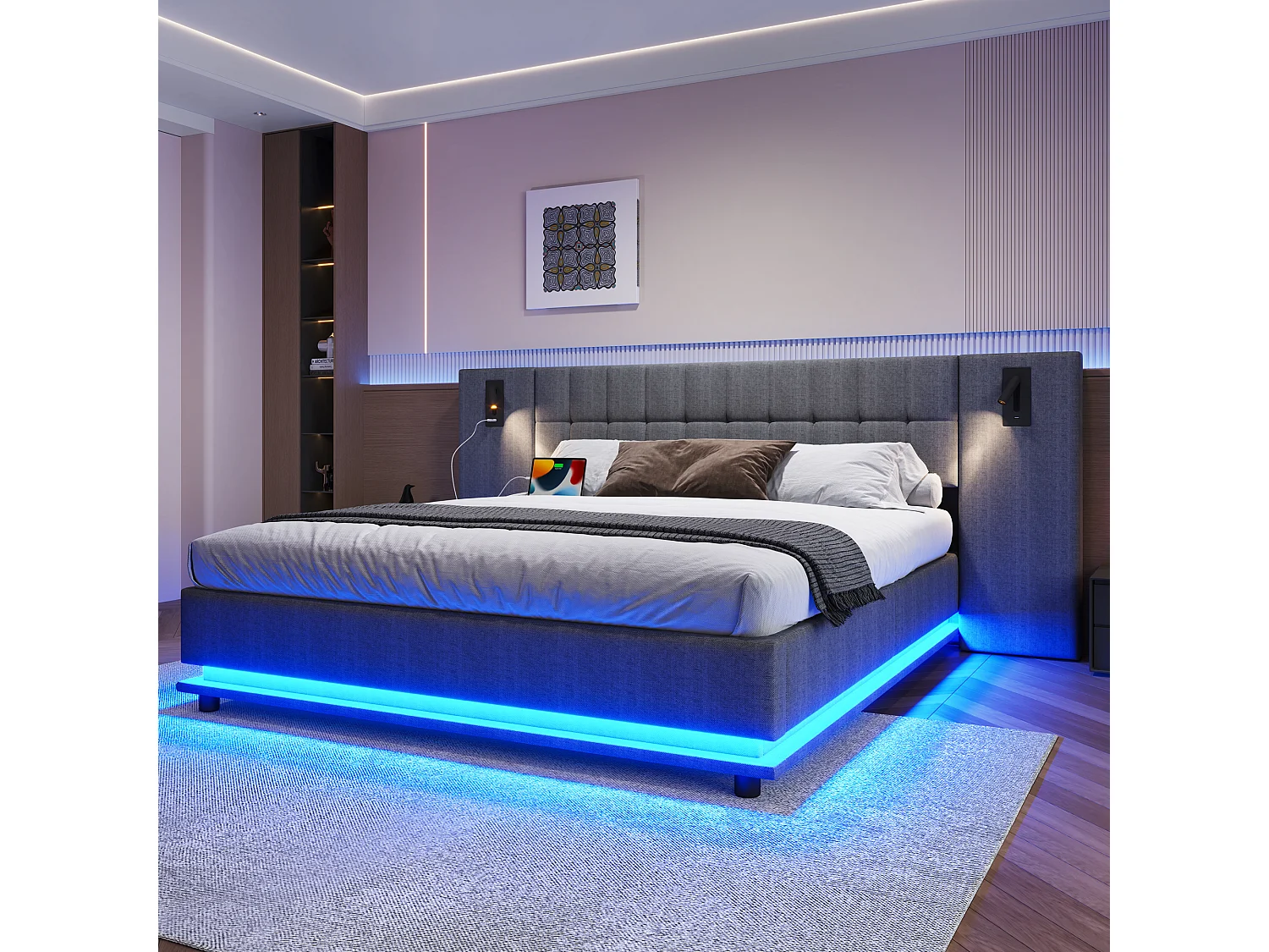 Lit en lin 180x200 cm avec bande LED, tête de lit avec spot et USB, sans matelas, gris (203.5x250x103 cm)