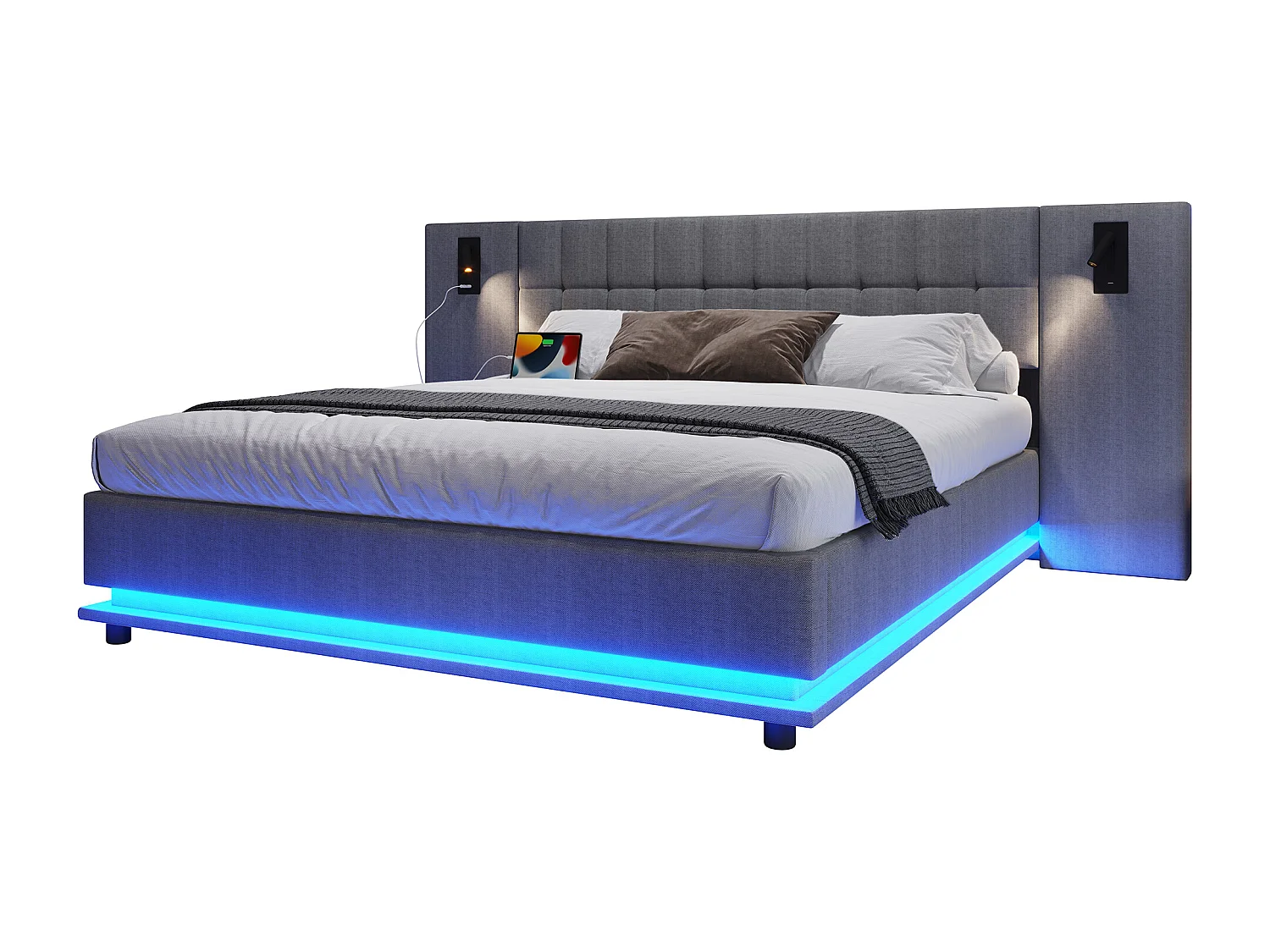 Lit en lin 180x200 cm avec bande LED, tête de lit avec spot et USB, sans matelas, gris (203.5x250x103 cm)
