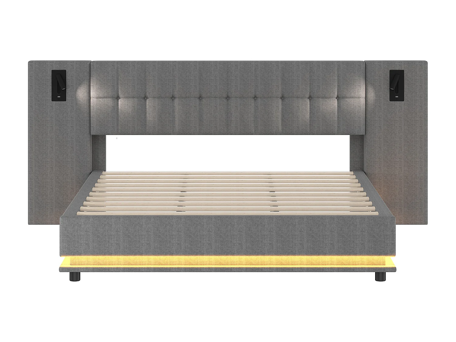 Lit en lin 180x200 cm avec bande LED, tête de lit avec spot et USB, sans matelas, gris (203.5x250x103 cm)