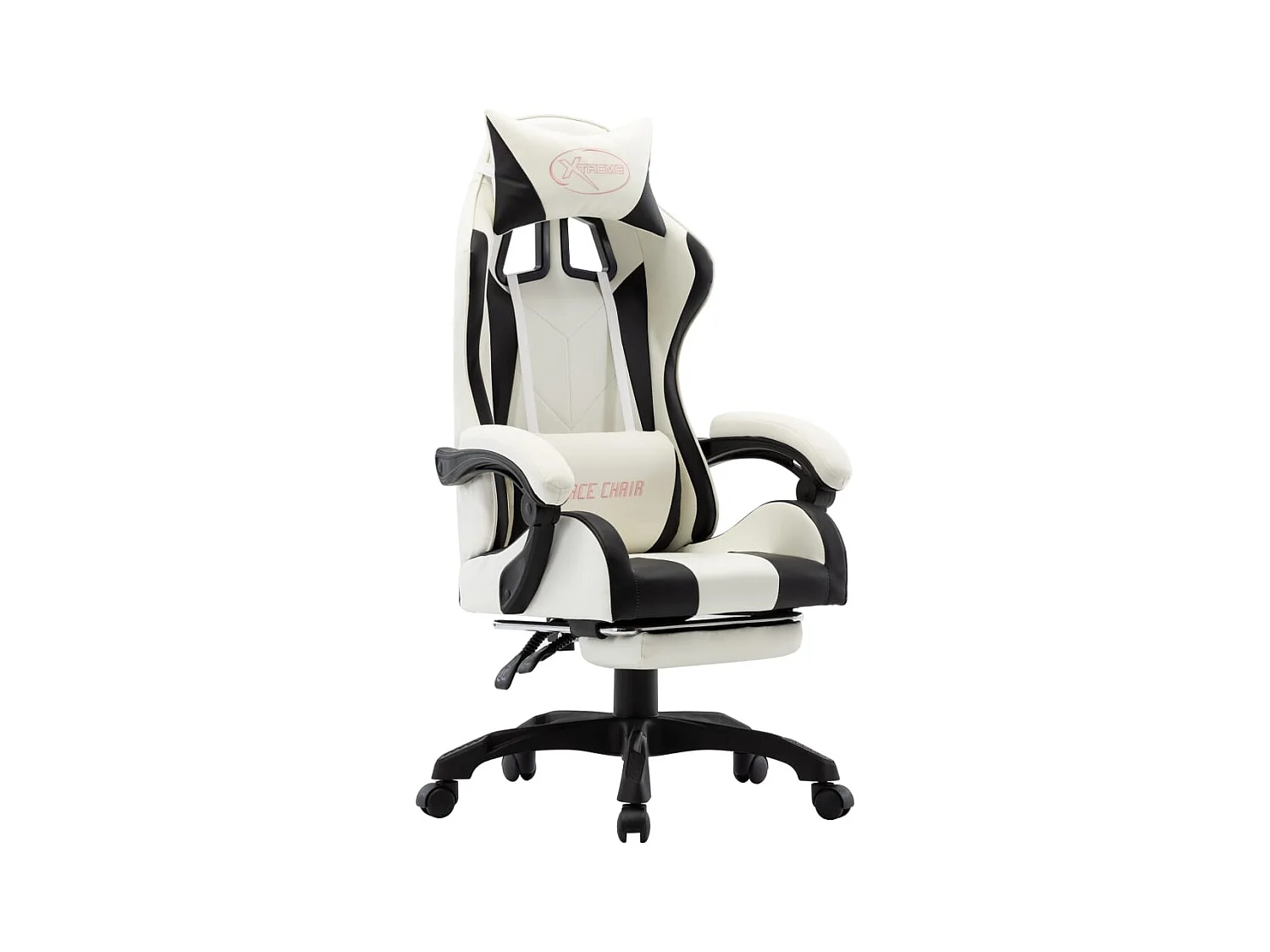 Zwart-witte kunstleren gamingstoel en voetenbank