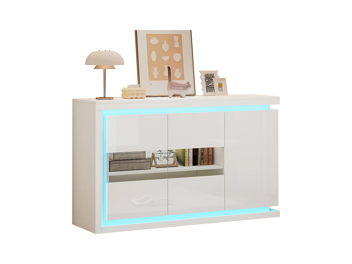 Commode moderne avec 3 portes en verre, LED, MDF, blanc, 4 étagères (140x40x84 cm)