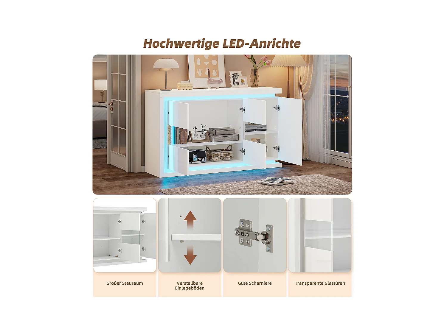 Commode moderne avec 3 portes en verre, LED, MDF, blanc, 4 étagères (140x40x84 cm)