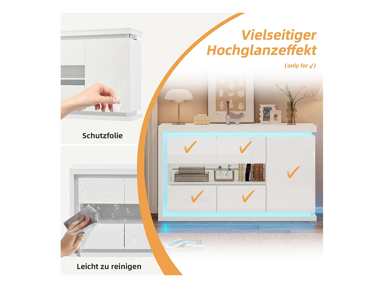 Commode moderne avec 3 portes en verre, LED, MDF, blanc, 4 étagères (140x40x84 cm)