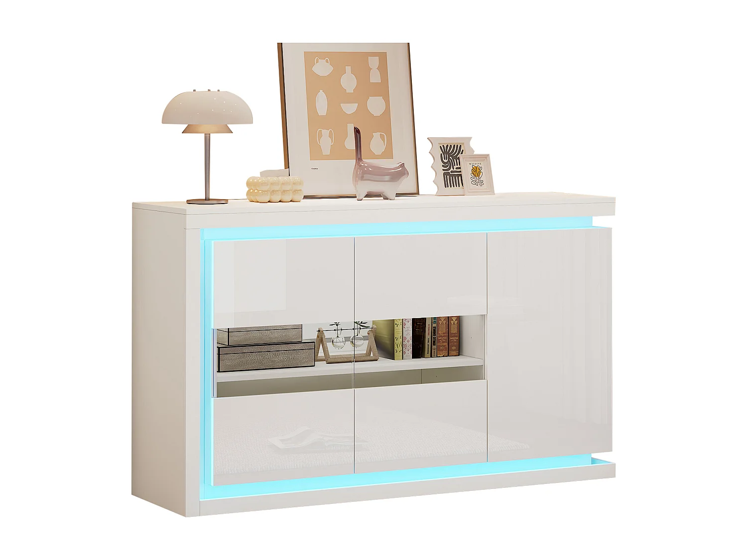 Commode moderne avec 3 portes en verre, LED, MDF, blanc, 4 étagères (140x40x84 cm)