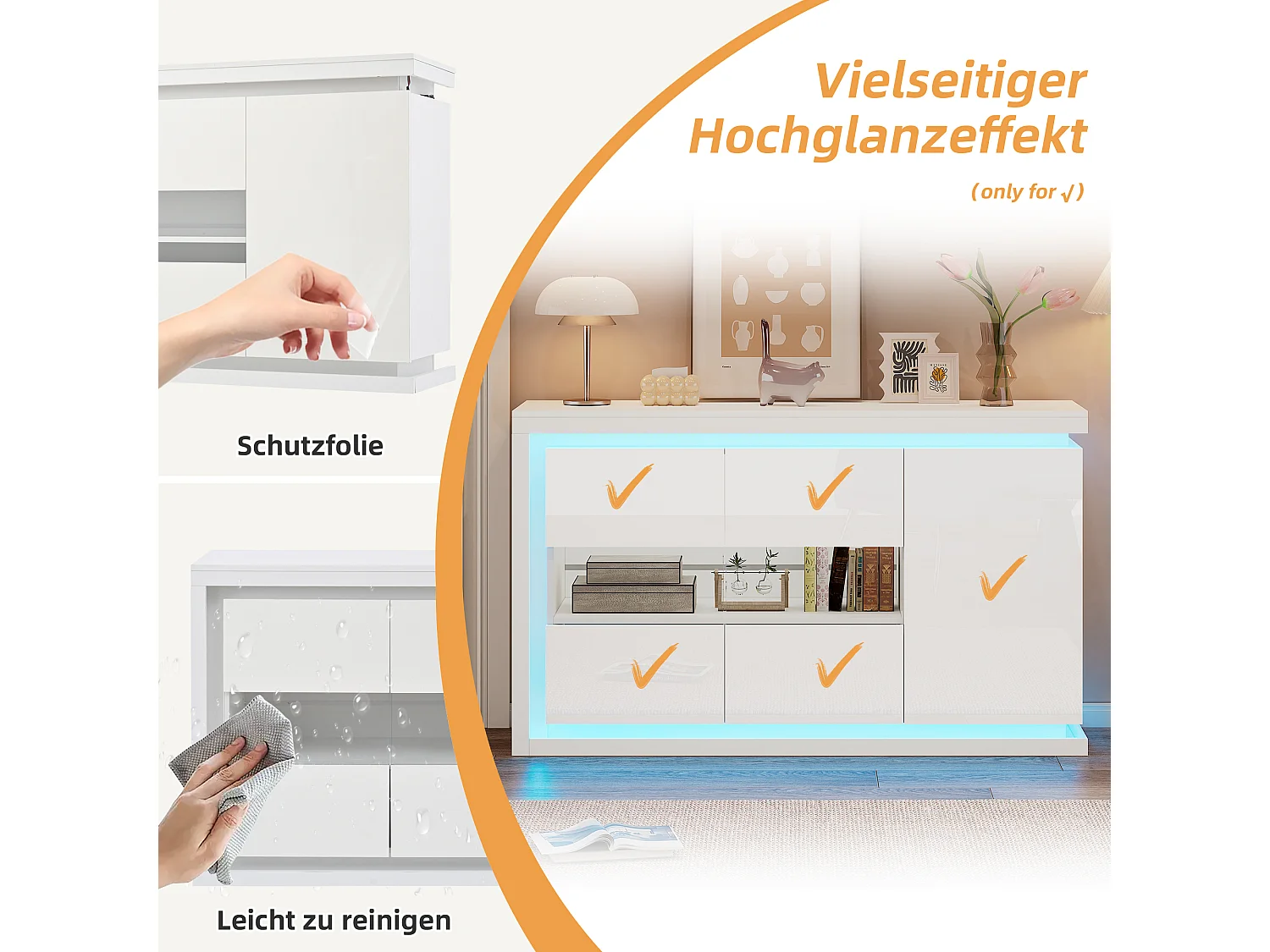 Commode moderne avec 3 portes en verre, LED, MDF, blanc, 4 étagères (140x40x84 cm)