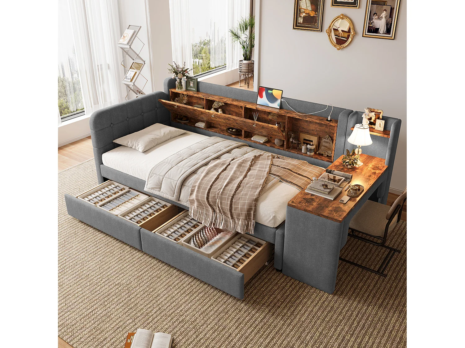 Daybed 90x200 cm (180x200 cm), slaapbank, multifunctioneel uitschuifbed, USB + Type C, opbergruimte, linnen, grijs (238x101,5x79 cm)