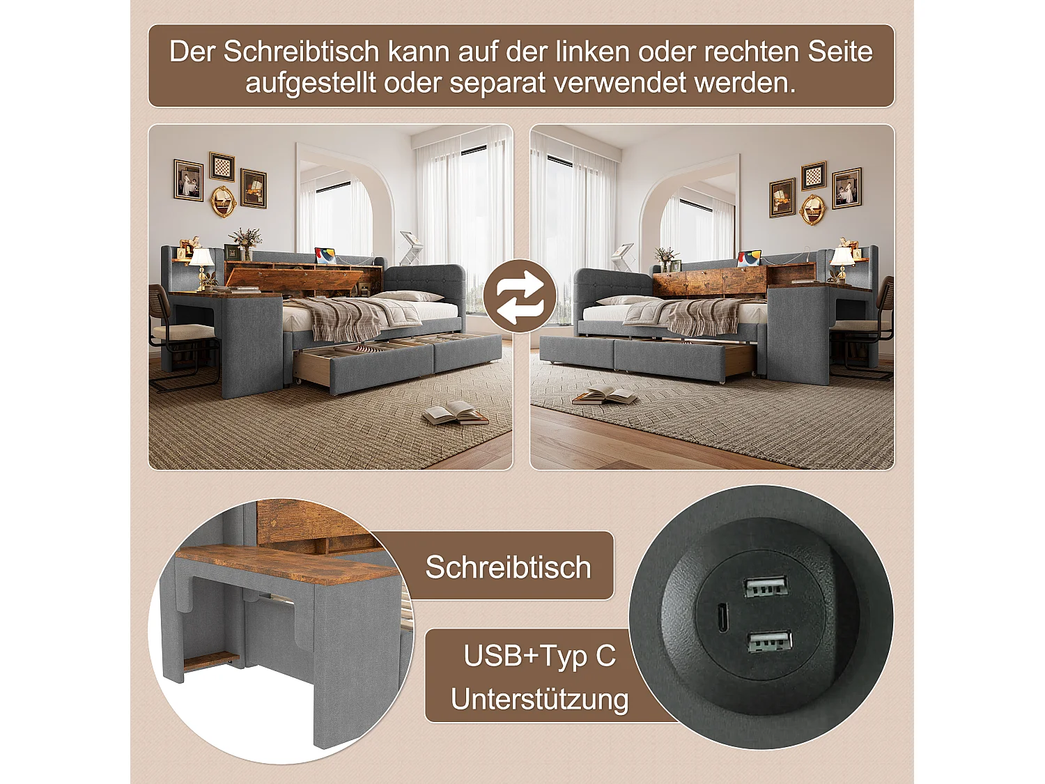 Daybed 90x200 cm (180x200 cm), slaapbank, multifunctioneel uitschuifbed, USB + Type C, opbergruimte, linnen, grijs (238x101,5x79 cm)