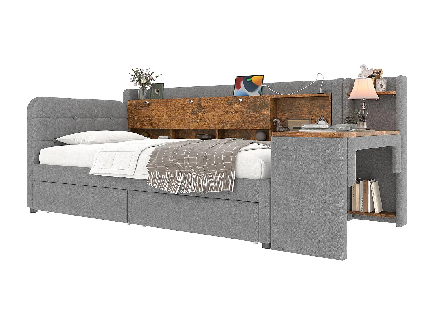 Daybed 90x200 cm (180x200 cm), slaapbank, multifunctioneel uitschuifbed, USB + Type C, opbergruimte, linnen, grijs (238x101,5x79 cm)