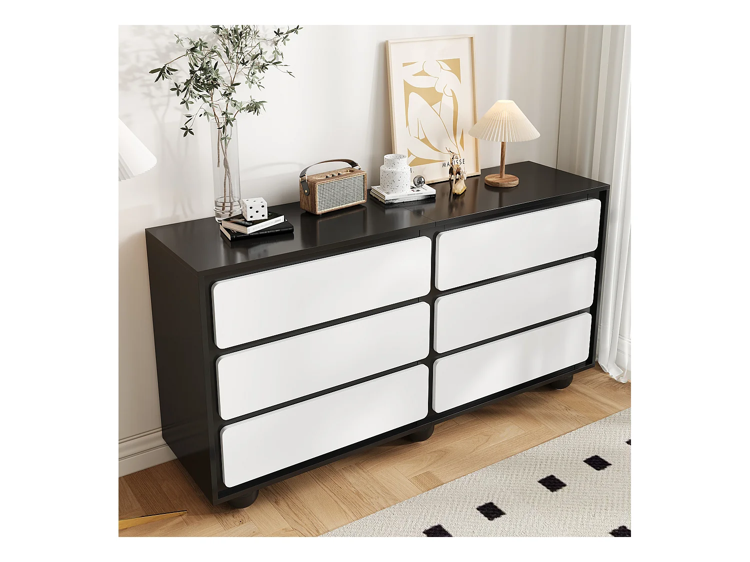 Commode avec 6 tiroirs – Design moderne, MDF, blanc et noir (140x38x74.5 cm)