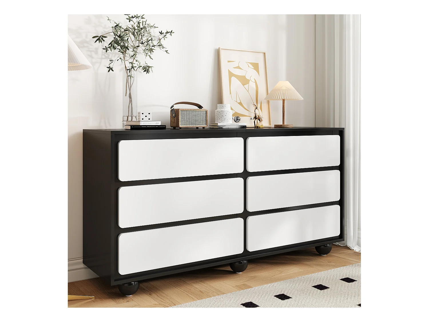 Commode avec 6 tiroirs – Design moderne, MDF, blanc et noir (140x38x74.5 cm)