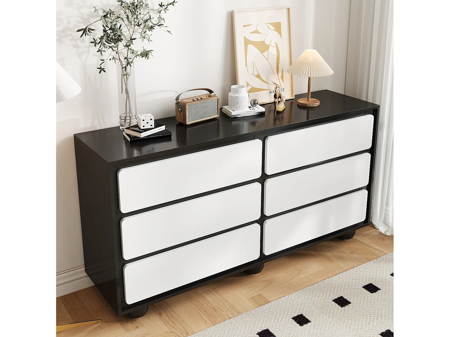 Commode avec 6 tiroirs – Design moderne, MDF, blanc et noir (140x38x74.5 cm)