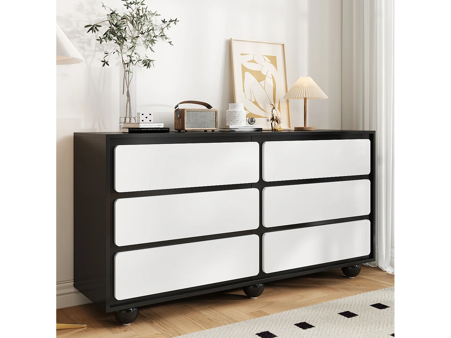 Commode avec 6 tiroirs – Design moderne, MDF, blanc et noir (140x38x74.5 cm)