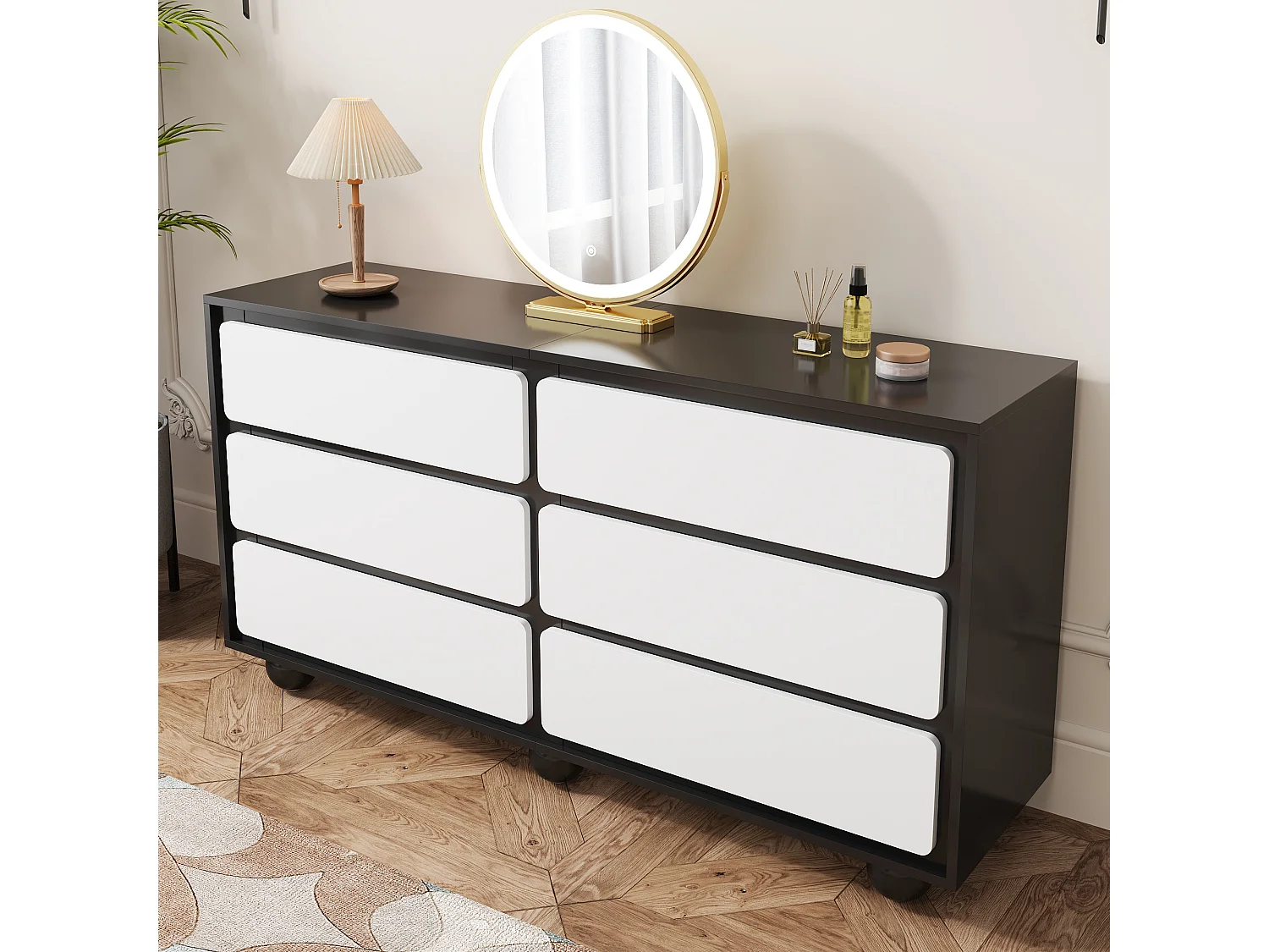 Commode avec 6 tiroirs – Design moderne, MDF, blanc et noir (140x38x74.5 cm)
