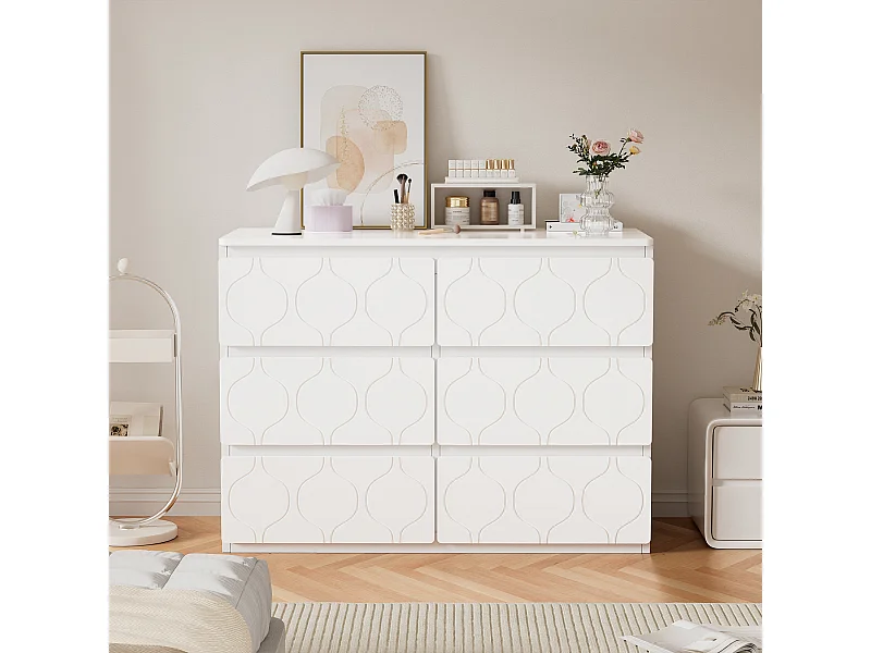 Commode avec 6 tiroirs, Rangement, MDF, Blanc et Chêne (110x40x72 cm)